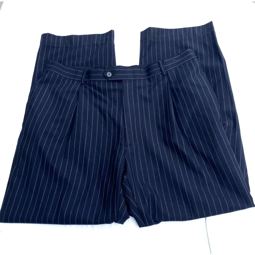 Austin Reed London Suit Chalk Stripe Blue 44 Imported Wool USA Dillards Career
